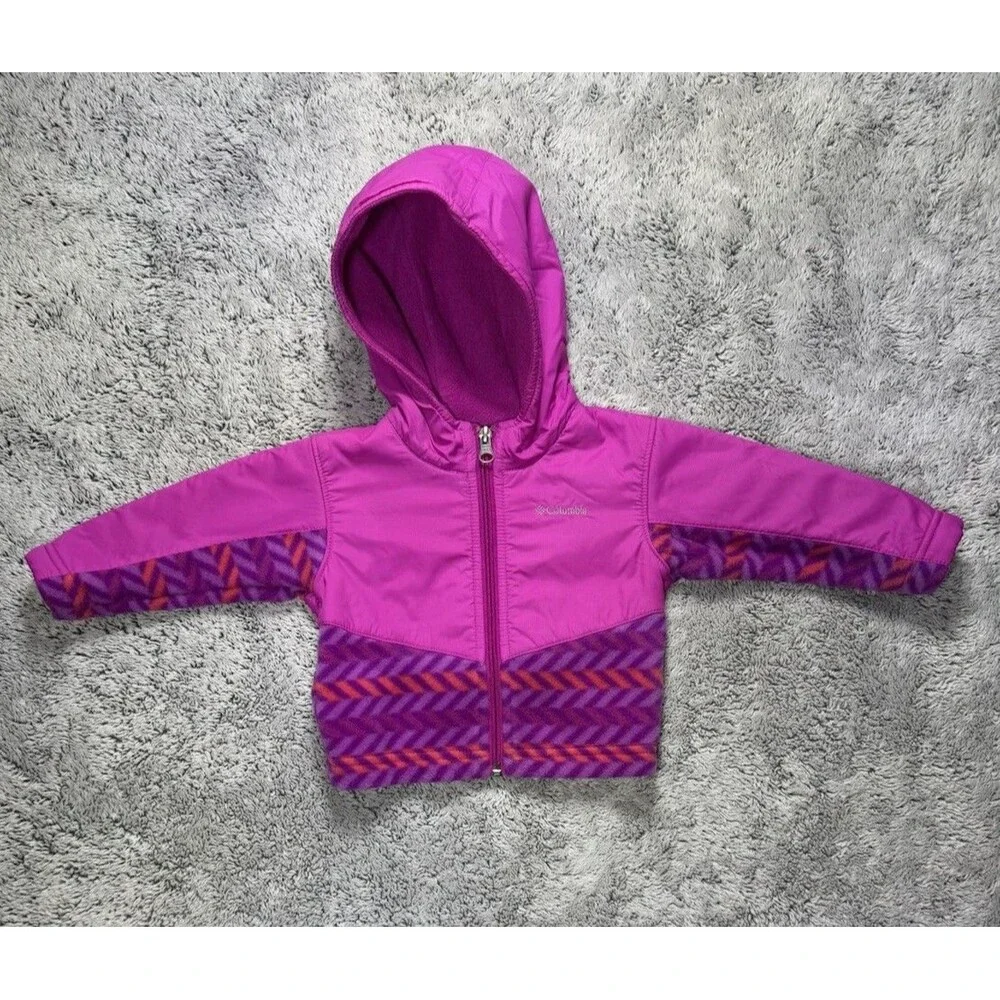 Infant Columbia Jacket Steens Mt Overlay Hooded Fleece 6-12 M Baby Girl Purple